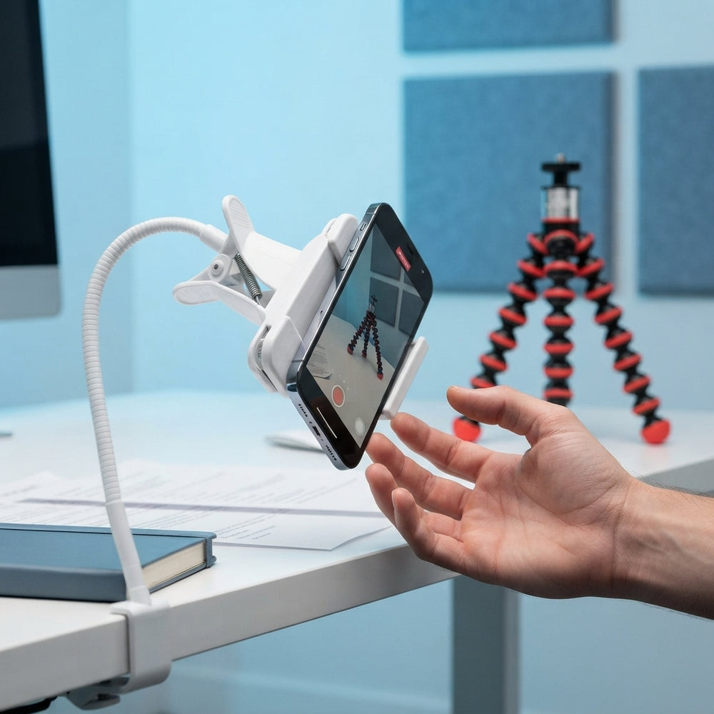 A smartphone sagging in a low-quality spring-loaded mount on a desk with a red JOBY GorillaPod 500 nearby.